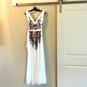 Badgley Mischka white gown w/ salmon, coral, gray & black florals and sequins.
